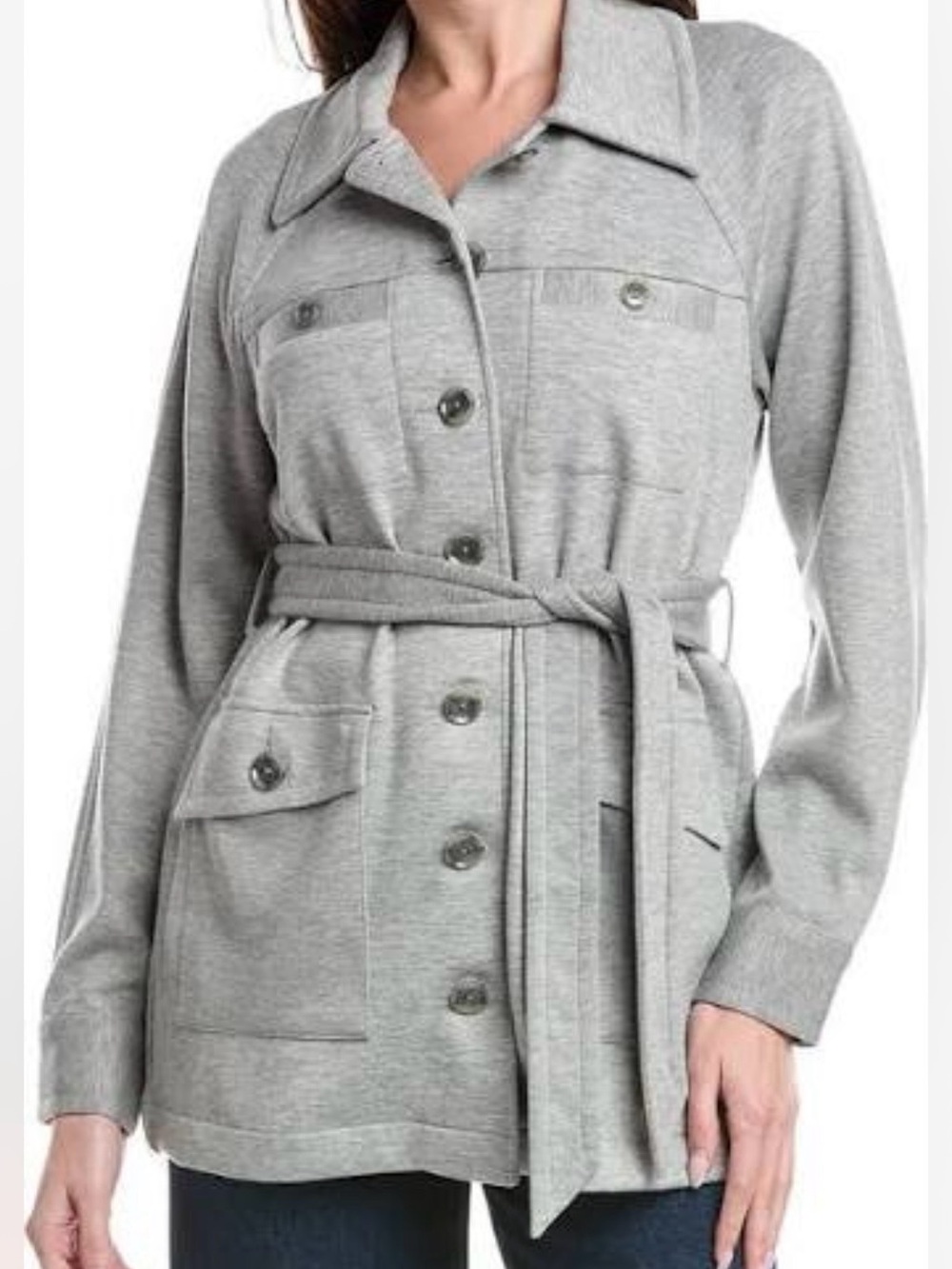 CAbi Light Gray Belted Trench Cardigan Jacket